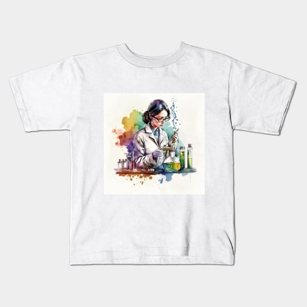 Watercolor illustration of Woman scientist working in the lab Kids T-Shirt by Danielleroyer